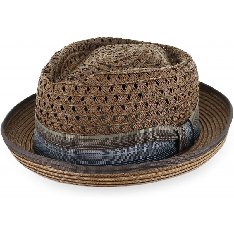 Fedoras Belfry Men/Women Summer Straw Pork Pie Trilby Fedora Hat in Blue- Tan- Black - Chocolate - C218R6W3WCW $73.67
