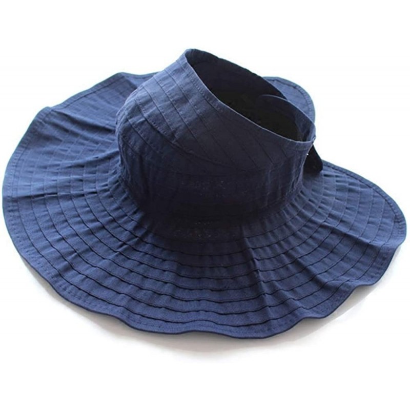 Sun Hats Women Wide Brim Sun Hats Foldable Summer Beach UV Protection Caps with Neck Cord - Navy - CU18R75XRES $27.94