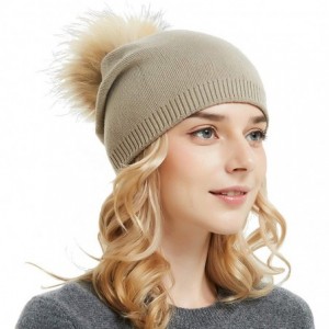 Skullies & Beanies Women's Knit Winter Beanie Hat Cashmere Ski Skull Beanie Caps Fur Pompom Slouchy - Khaki - CB18KHZC226 $27.02