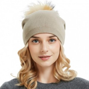 Skullies & Beanies Women's Knit Winter Beanie Hat Cashmere Ski Skull Beanie Caps Fur Pompom Slouchy - Khaki - CB18KHZC226 $23.48