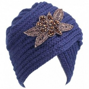 Skullies & Beanies Womens Hat Winter- Women's Turban Hat with Crystal Vintage Head Wrap Knit Pleated Turban - Navy - C31896K2...