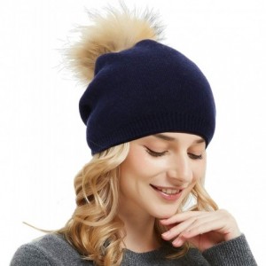 Skullies & Beanies Women's Knit Winter Beanie Hat Cashmere Ski Skull Beanie Caps Fur Pompom Slouchy - Navy - CK18KH4ALO6 $21.21