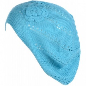 Berets Open Weave Womens Crochet Mesh Beanie Hat Flower Fashion Soft Knit Beret Cap - 2679aqua - CU194X34YDI $22.59