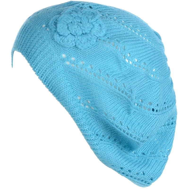 Berets Open Weave Womens Crochet Mesh Beanie Hat Flower Fashion Soft Knit Beret Cap - 2679aqua - CU194X34YDI $20.20