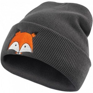 Skullies & Beanies Unisex Fox Knit Hat Animal Embroidery Beanie Cuff Skull Caps (Dark Gray) - CC18GR9T0RH $21.09