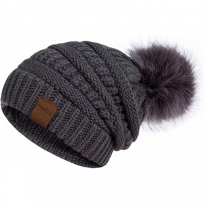 Skullies & Beanies Womens Winter Slouchy Beanie Hat- Knit Warm Fleece Lined Thick Thermal Soft Ski Cap with Pom Pom - Dark Gr...