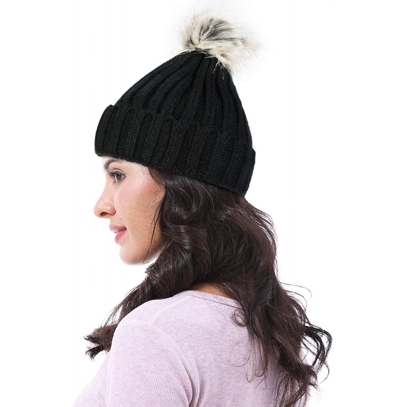Skullies & Beanies Cable Knit Beanie Warm Faux Fuzzy Fur Pom Pom Skull Ski Cap for Men- Women - Black - CJ18L6DS8YG $16.66