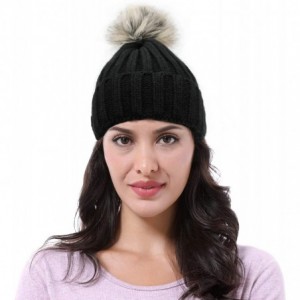 Skullies & Beanies Cable Knit Beanie Warm Faux Fuzzy Fur Pom Pom Skull Ski Cap for Men- Women - Black - CJ18L6DS8YG $16.66