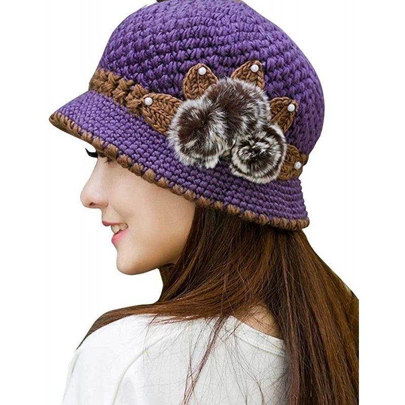 Berets Womens 1920s Winter Warm Cap Beret Beanie Cloche Bucket Hat Crochet Knitted Flowers Ears Hat - Purple - CJ18LQ7O46H $2...