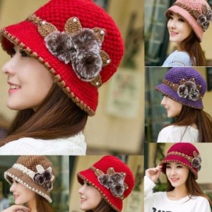 Berets Womens 1920s Winter Warm Cap Beret Beanie Cloche Bucket Hat Crochet Knitted Flowers Ears Hat - Purple - CJ18LQ7O46H $2...