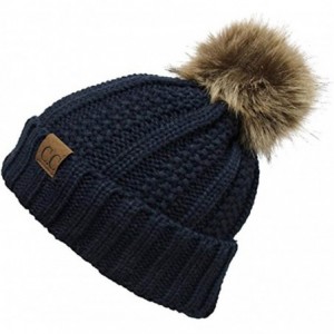 Skullies & Beanies Quality Women's Faux Fur Pom Fuzzy Fleece Lined Slouchy Skull Thick Cable Beanie hat - Navy - CH187UNNN2G ...