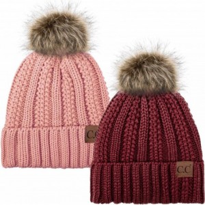 Skullies & Beanies Thick Cable Knit Hat Faux Fur Pom Fleece Lined Cap Cuff Beanie 2 Pack - Burgundy/Indi Pink - CA1924AN3OT $...