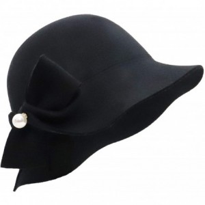 Bucket Hats Women Solid Color Winter Hat 100% Wool Cloche Bucket with Bow Accent - Pearl Style_black - C518YGDGHAA $41.97