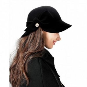 Bucket Hats Women Solid Color Winter Hat 100% Wool Cloche Bucket with Bow Accent - Pearl Style_black - C518YGDGHAA $41.97