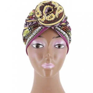Sun Hats Shiny Metallic Turban Cap Indian Pleated Headwrap Swami Hat Chemo Cap for Women - Purple - CK18A4NRDR9 $19.12
