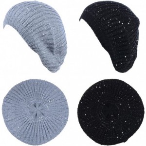 Berets Women's Fall French Style Cable Knit Beret Hat W/Sequin/Wooden Button - 2-pack Sliver & Black - CF18EA6CTX6 $41.00