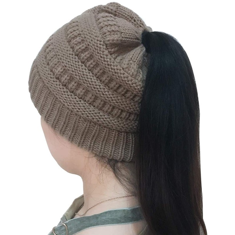 Skullies & Beanies Beanie for Women Hair and Tail Winter Knit Cup Ponytail Warm Stretech Cable Knit Hat - Camel - CI18YKCWTAZ...