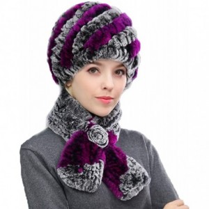 Skullies & Beanies Women's Real Rex Rabbit Fur Hat and Real Rabbit Fur Scarf 1 Set Winter Warm Fashion - Purple + Gray - CL18...