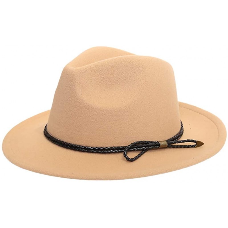 Fedoras Women Belt Buckle Fedora Hat-Classic Wide Brim Floppy Panama Hat Crushable Wool Felt Outback Hat - Khaki - CI18WL37EZ...
