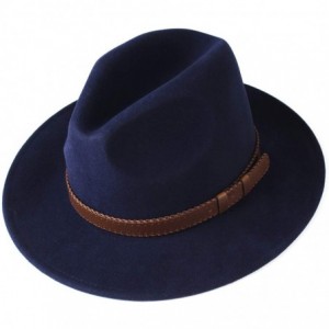 Fedoras 100% Wool Wide Brim Fedora Panama Hat with Belt Buckle Fedora Hats for Men Women - Navy - CT18UK5SWI5 $52.37