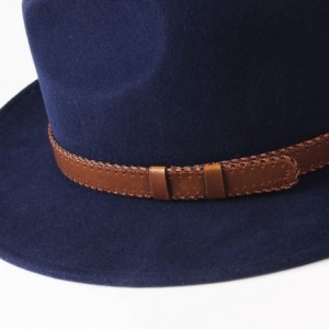 Fedoras 100% Wool Wide Brim Fedora Panama Hat with Belt Buckle Fedora Hats for Men Women - Navy - CT18UK5SWI5 $46.62