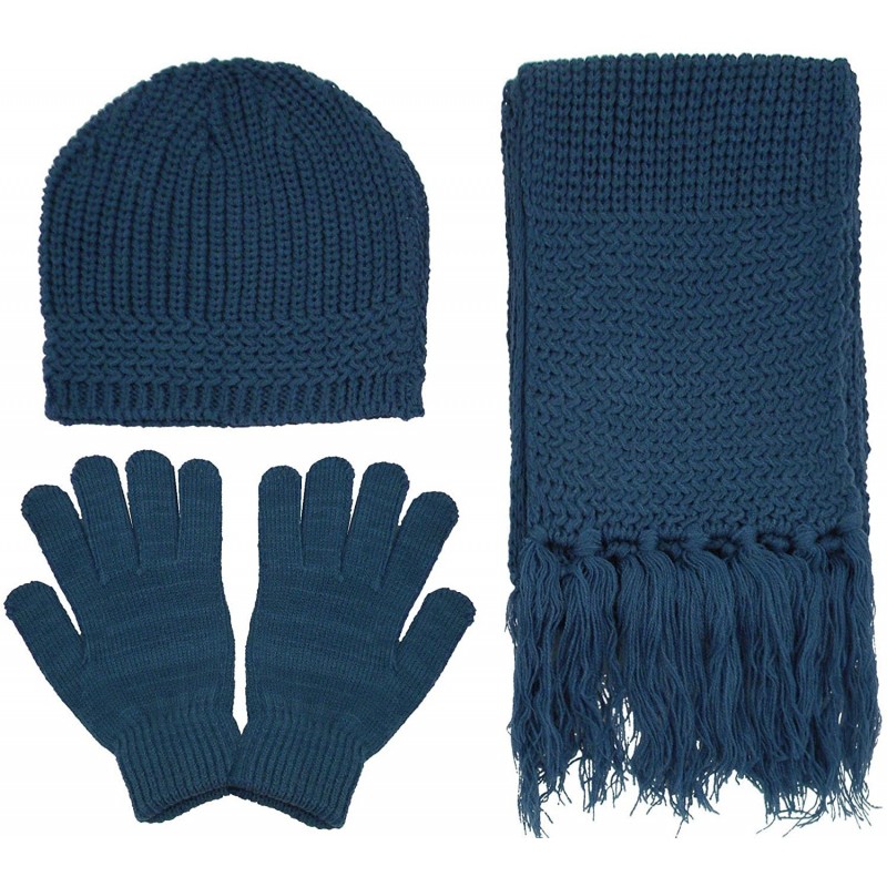 Skullies & Beanies Women's 3 Piece Winter Set - Knitted Beanie- Scarf- Gloves - Steel Blue - CP187MA0ZIM $45.22