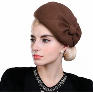 Berets Women's Autumn and Winter Bow Wool Beret Coffe - Camel - CD12MCI019T $71.18