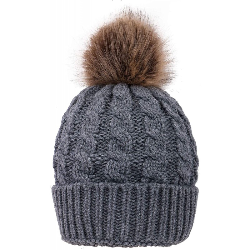 Skullies & Beanies Womens Winter Hand Knit Faux Fur Pompoms Beanie Hat - Light Heather Grey - CB18TDYLOZS $25.40