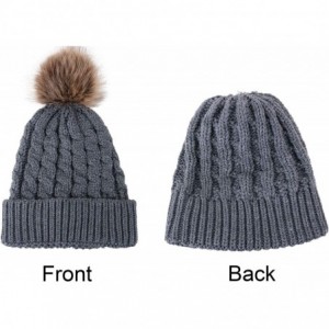 Skullies & Beanies Womens Winter Hand Knit Faux Fur Pompoms Beanie Hat - Light Heather Grey - CB18TDYLOZS $25.40