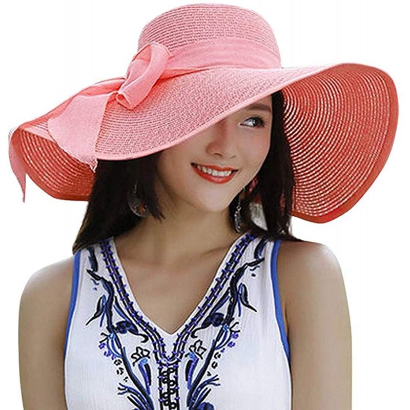 Sun Hats Women's Floppy Big Brim Hat Bowknot Straw Hat Foldable Roll up Sun Hat UPF 50+ - Pink - C918Q6Z2HM9 $39.05