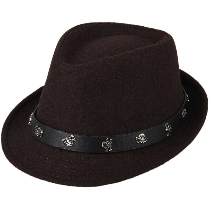 Sun Hats Mens Roll Brim Wool Felt Jazz Hat Cap with Skull Belt - Coffee - C612N0E10EO $26.20