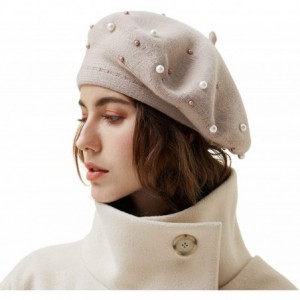 Berets Women French Beret Embellished Pearl Ladies Art Basque Hat French Barrette Solid Color Beanie Hat for Girl - Pink - CA...