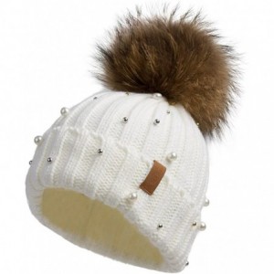Skullies & Beanies Women Knit Winter Turn up Beanie Hat with Pearl and Fur Pompom - White(gold Pompom) - CI185K992SG $31.73