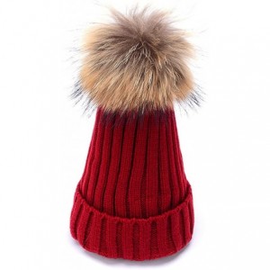 Skullies & Beanies Womens Girls Knitted Fur Hat Real Large Silver Fox Fur Pom Pom Beanie Hats - Wine Red(real Raccoon Fur) - ...
