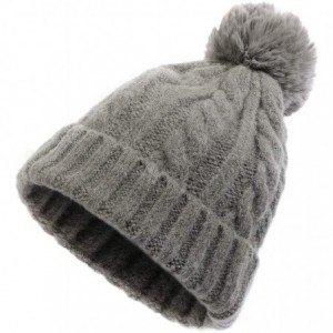 Skullies & Beanies Winter Beanie Knit Hat with Faux Fur Pom Pom Slouchy Soft Warm Stretch Cable Ski Cap for Women - Gray - CQ...