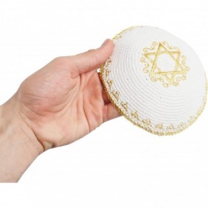 Skullies & Beanies Star of David Jewish KippahHatFor Men & Kids with Clip Beautifully Knitted - White & Gold - CD1880CGOCN $2...