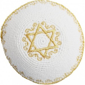 Skullies & Beanies Star of David Jewish KippahHatFor Men & Kids with Clip Beautifully Knitted - White & Gold - CD1880CGOCN $2...