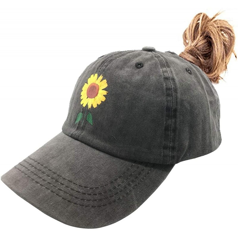 Baseball Caps Women's Cute Sunflower Ponytail Baseball Cap Vintage Washed Adjustable Funny Hat - Sunflower Ponytail - Black -...