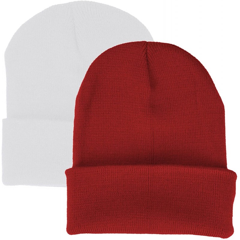 Skullies & Beanies 2 Pack Made in USA Thick Beanie Cuff Premium Headwear Winter Hat - White & Red - CI1808EOMZ3 $17.80