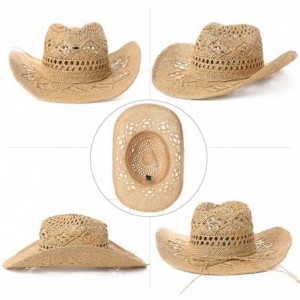 Fancet Womens Packable Western Outback Cowboy Feather Mexican Straw Sun Hat Fedora Cowgirl for Men Black