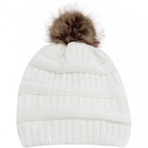 Skullies & Beanies Womens Knit Cap Winter Warm Crochet Knit Faux Fur Pom Pom Beanie Hat - White - C618I9IKDMA $17.54