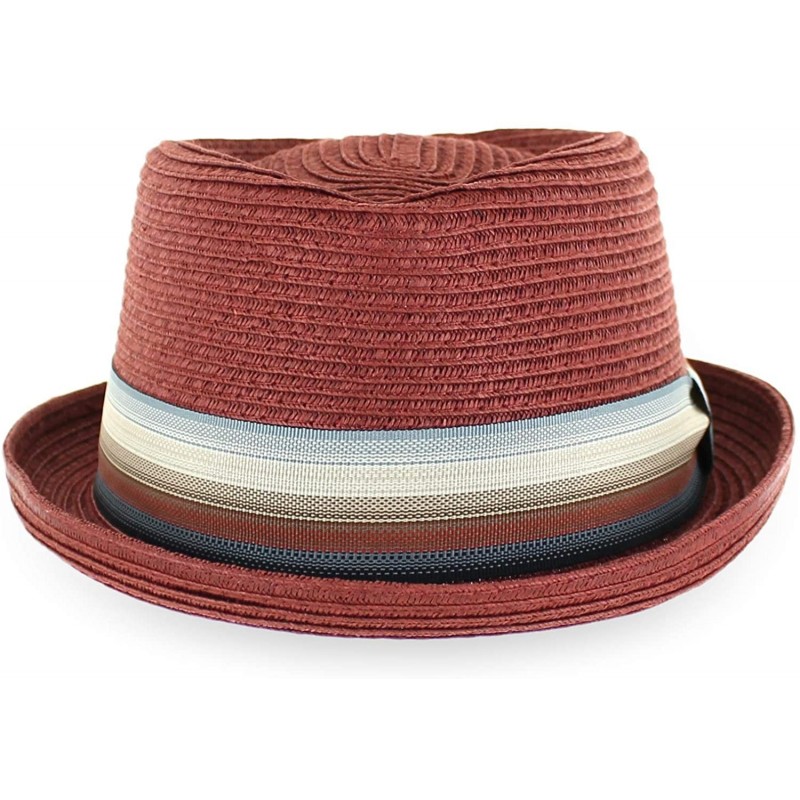 Fedoras Belfry Men/Women Summer Straw Pork Pie Trilby Fedora Hat in Blue- Tan- Black - Maxxbrick - CE18LQDAYX5 $75.03
