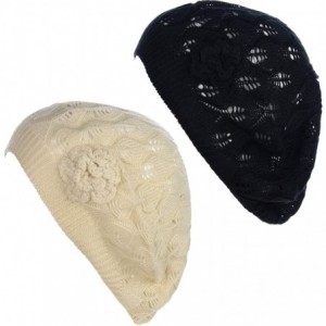 Berets Open Weave Womens Crochet Mesh Beanie Hat Flower Fashion Soft Knit Beret Cap - 2680bkbge - CK194WTXRQ5 $36.64