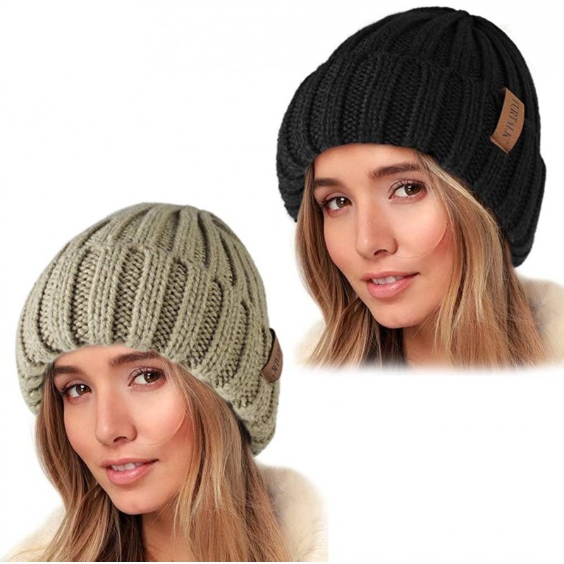 Skullies & Beanies Knit Beanie Hats for Women Men Double Layer Fleece Lined Chunky Winter Hat - Z-black/Tree Green 2pcs - CG1...