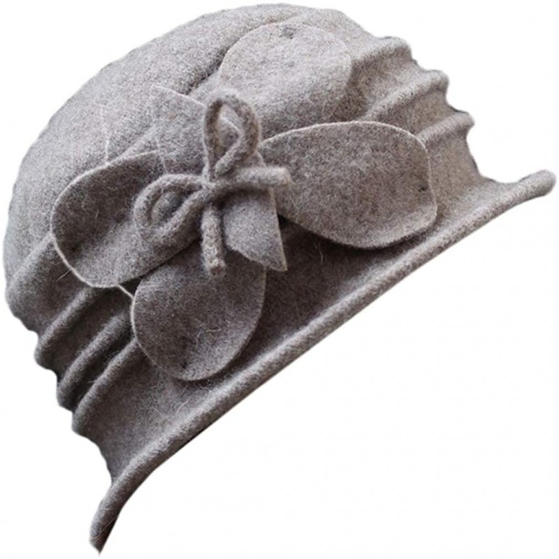 Fedoras Women 100% Wool Solid Color Round Top Cloche Beret Cap Flower Fedora Hat - 2 Camel - CS186WXZGDK $30.43