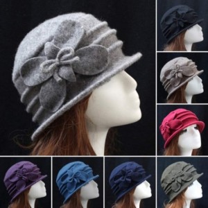 Fedoras Women 100% Wool Solid Color Round Top Cloche Beret Cap Flower Fedora Hat - 2 Camel - CS186WXZGDK $30.43