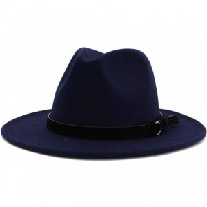 Fedoras Men & Women Vintage Wide Brim Fedora Hat with Belt Buckle - Black Belt-navy Blue - CG18WQ0X5DX $41.45