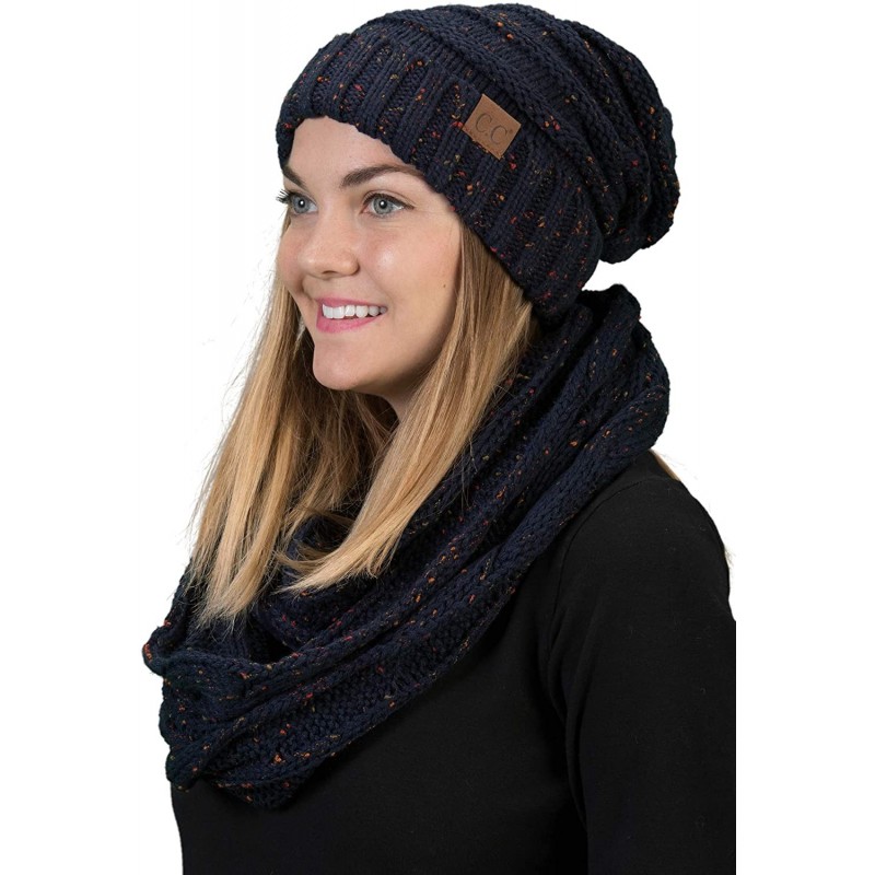 Skullies & Beanies Oversized Slouchy Beanie Bundled with Matching Infinity Scarf - A Confetti Navy Design - CD188YMLQYK $47.85