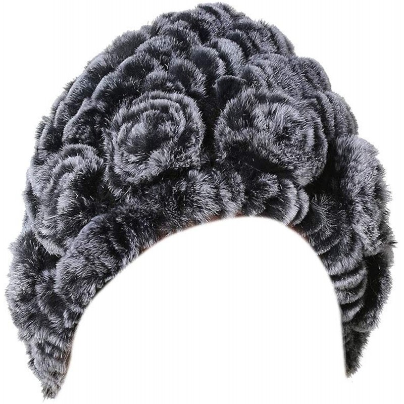 Skullies & Beanies Womens Winter Hats Rex Rabbit Fur Flower Design Real Fur Hats Russian Cap - Grey - CH18GR0TLR0 $40.11