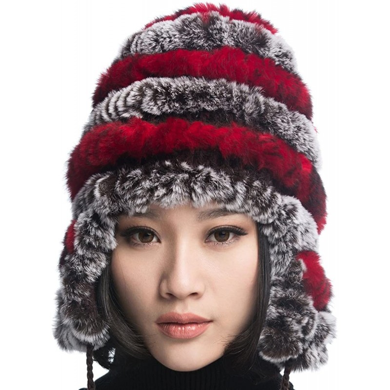 Bomber Hats Women's Rex Rabbit Fur Hats Winter Ear Cap Flexible Multicolor - Coffee & Red - C611FG5AP1J $46.37
